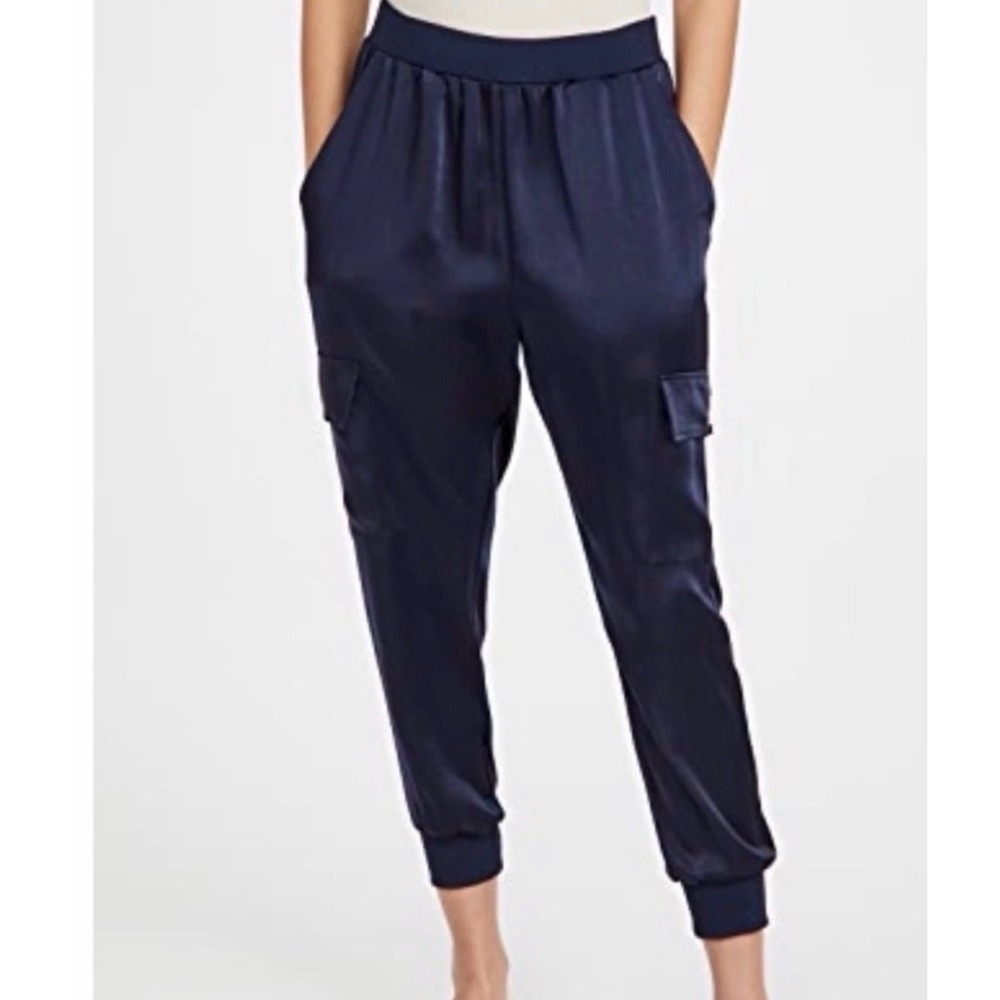 Ramy Brook Satin Cargo Jogger Pants Womens Navy Blue size Small Elastic Waist